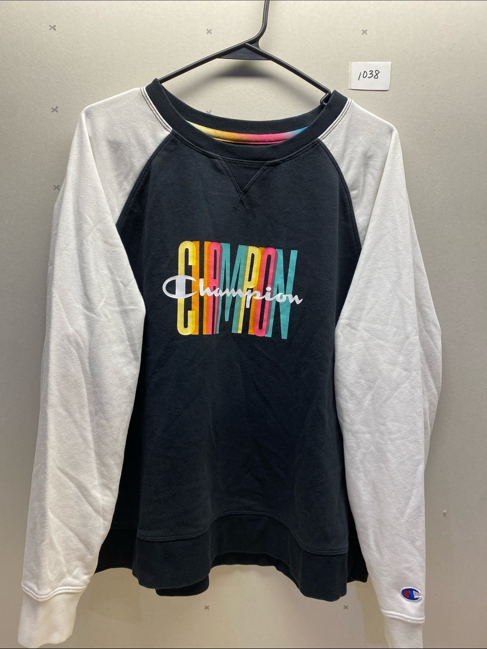 Champion Black Crewneck Sweatshirt with White Raglan Sleeves & Multicolor Logo